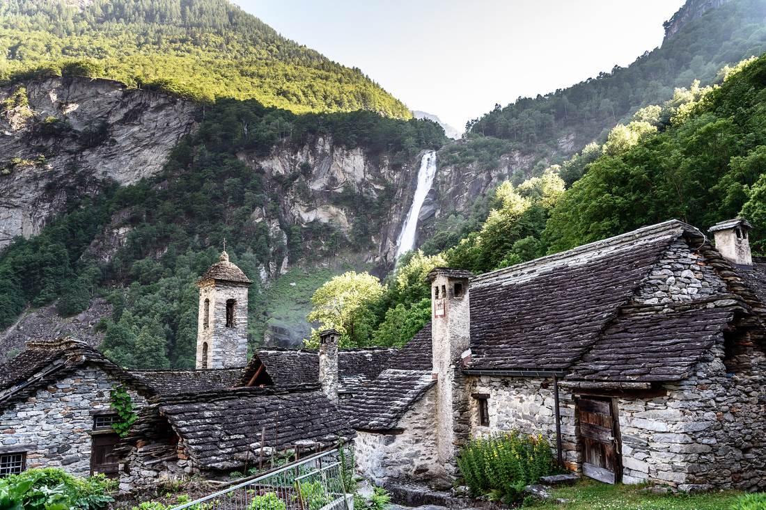 The Cascata di Foroglio, a 110-metre waterfall dropping into Val Bavona